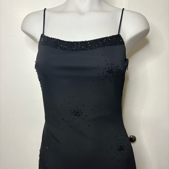 Vintage 90s Black Beaded Mesh Asymmetrical Feather Trim Cocktail Mini Dress - Picture 2 of 10